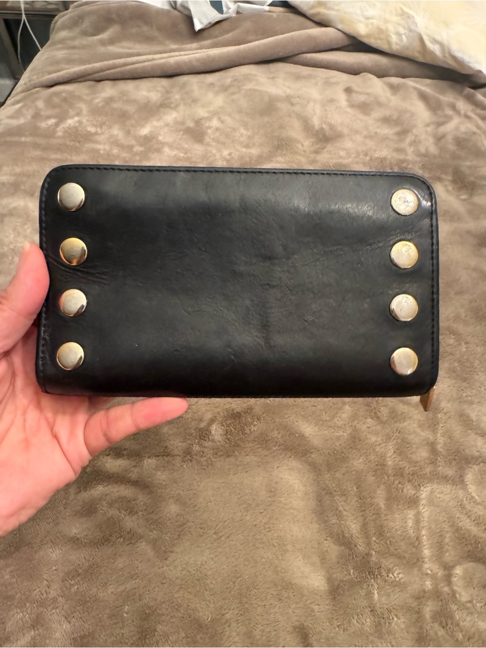Hammitt Black Leather Zip Wallet with Gold Stud Accents